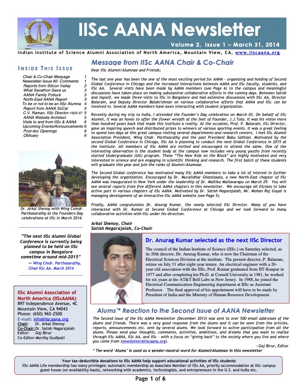 IISc AANA Newsletter March 2014