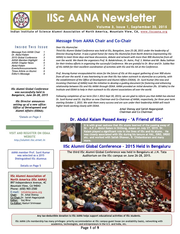 IISc AANA Newsletter September 2015